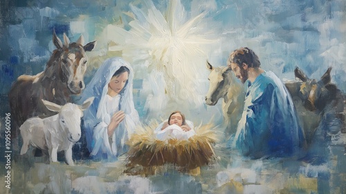 Holy family praying for baby jesus in manger with animals