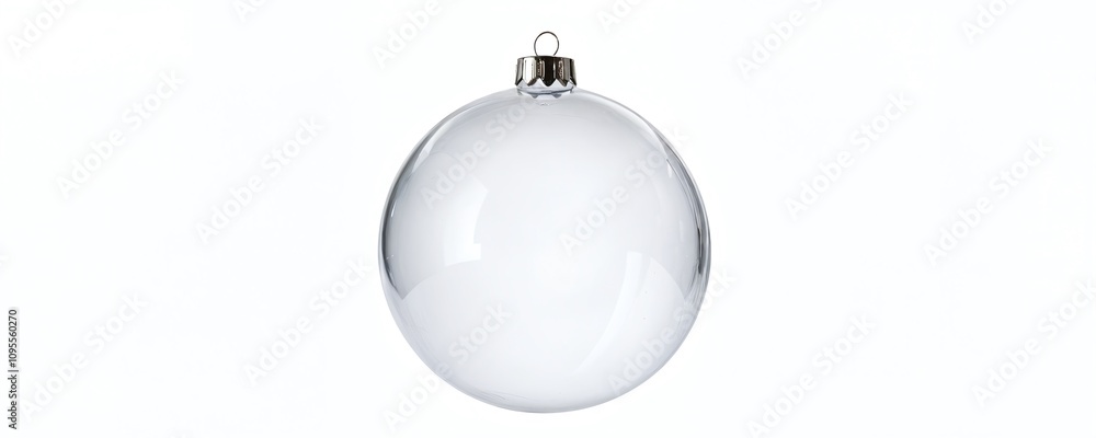 Clear glass ornament hanging against a neutral background for festive decorations during the holiday season. Christmas and New Year Clear glass ornament hanging against a neutral background for festive decorations during the holiday season. Christmas and New Year