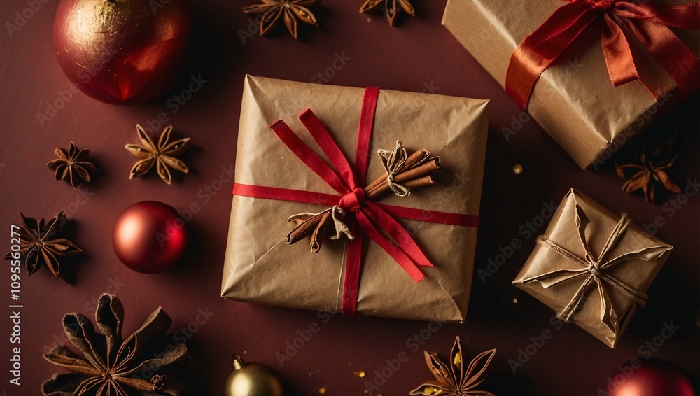 Holiday Flat Lay with Red and Gold Wrapped Gifts and Spices Holiday Flat Lay with Red and Gold Wrapped Gifts and Spices