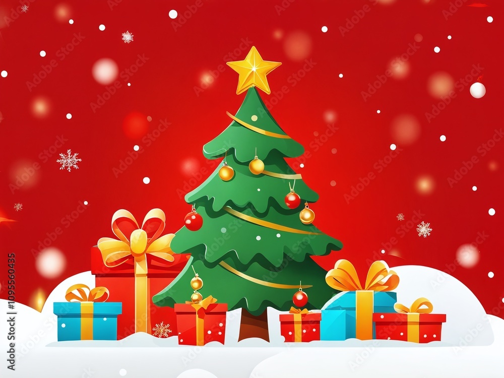 Festive Christmas tree with colorful gifts under a bright red background in a cheerful winter setting Festive Christmas tree with colorful gifts under a bright red background in a cheerful winter setting