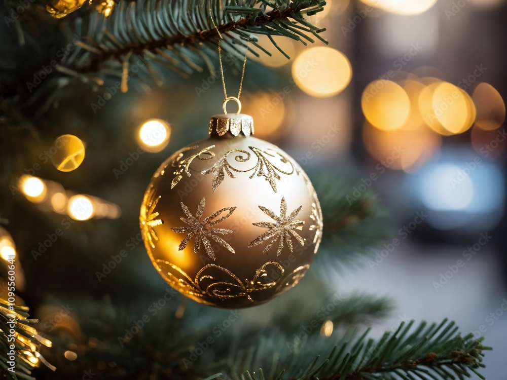 Golden Christmas ornament hanging on a pine tree with blurred lights in the background during holiday season Golden Christmas ornament hanging on a pine tree with blurred lights in the background during holiday season