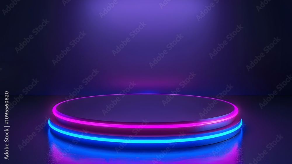 Round podium with blue and pink neon light. Round podium with blue and pink neon light.