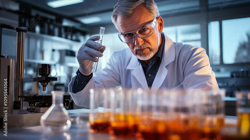 Senior scientist conducting research in a laboratory, wearing lab coat and safety glasses, focused and professional Senior scientist conducting research in a laboratory, wearing lab coat and safety glasses, focused and professional