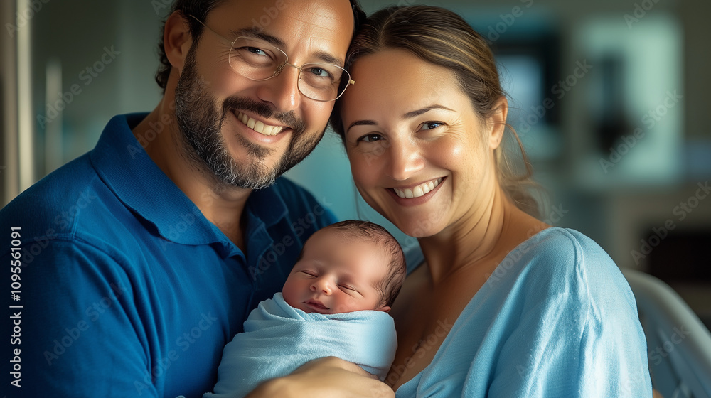 Happy parents holding newborn baby, warm family moment, close-up portrait in soft lighting Happy parents holding newborn baby, warm family moment, close-up portrait in soft lighting