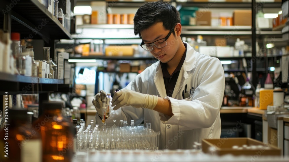A Scientist in a Lab Coat Works with Test Tubes and Chemicals A Scientist in a Lab Coat Works with Test Tubes and Chemicals