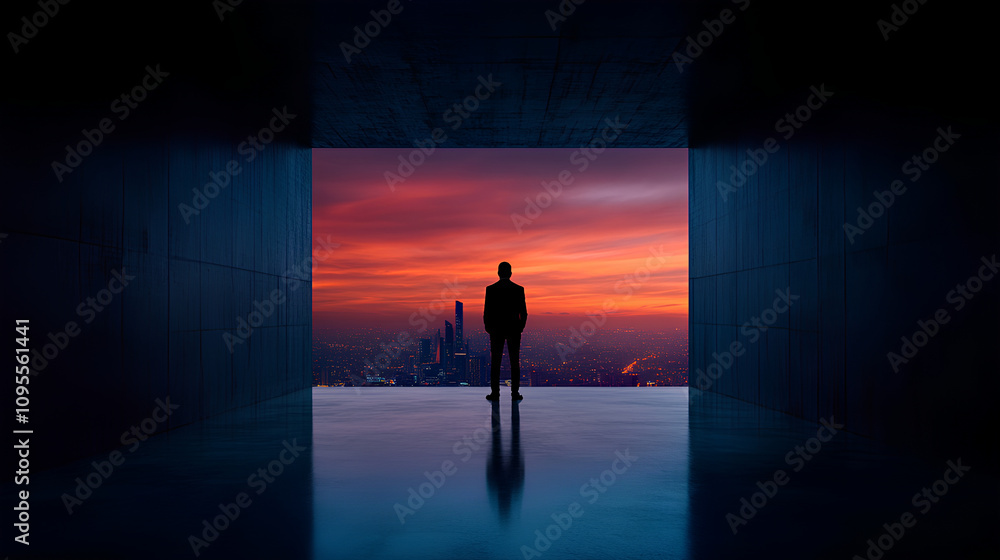 Young Saudi Businessman Observing City Night View from Office Young Saudi Businessman Observing City Night View from Office
