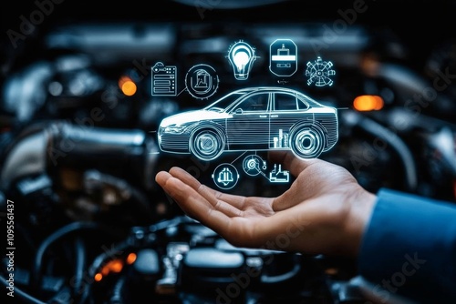 Mechanic Hand Holding Futuristic Car Icon with Technology Symbols in Garage Background for Vehicle Maintenance and Inspection Concept photo