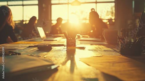 people in office with sun rising