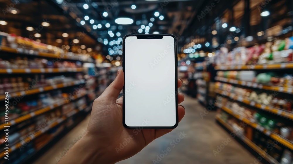 Hand holding a smart phone with blank screen for text in store in holiday shopping season Hand holding a smart phone with blank screen for text in store in holiday shopping season