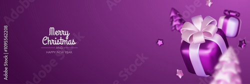 Happy New Year and Merry Christmas. Christmas holiday background with realistic 3d objects, bauble balls, conical metal stars. Levitation falling design composition.