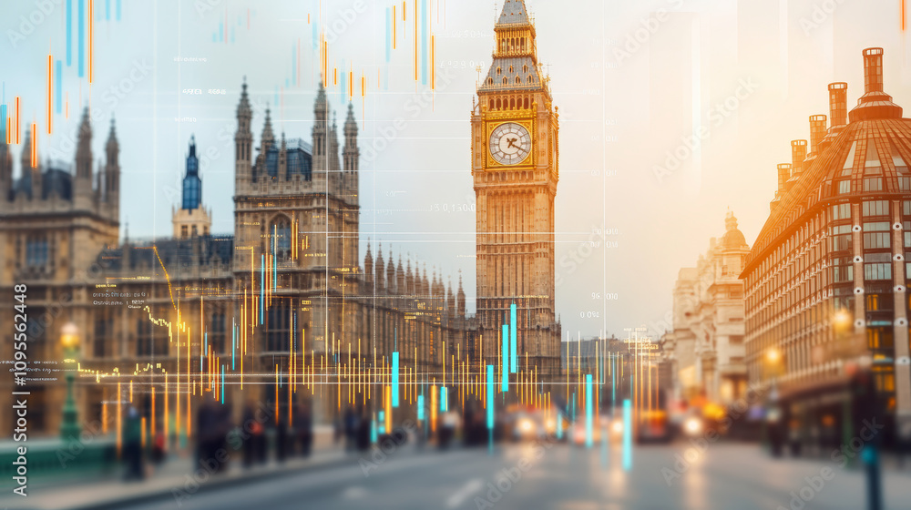 Fototapeta premium Big Ben and Westminster Palace are shown with digital graphic overlays, blending historic architecture with modern technology in a vibrant cityscape.
