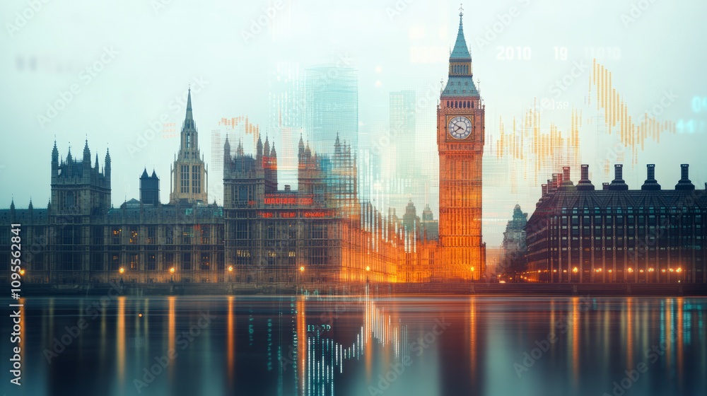 Big Ben and the Houses of Parliament are overlaid with financial graphs, symbolizing the intersection of politics and global finance in London. Big Ben and the Houses of Parliament are overlaid with financial graphs, symbolizing the intersection of politics and global finance in London.