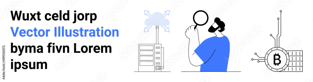 Person with magnifying glass near server, drone, and Bitcoin symbol. Ideal for tech, data analysis, cryptocurrency, drone technology, business solutions, fintech, and educational content. Landing Person with magnifying glass near server, drone, and Bitcoin symbol. Ideal for tech, data analysis, cryptocurrency, drone technology, business solutions, fintech, and educational content. Landing