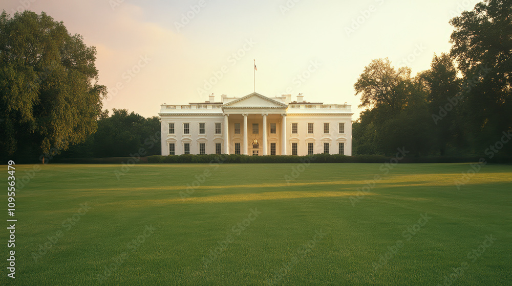 Naklejka premium A serene view of the White House, surrounded by lush green lawns and trees under a calm, early morning sky.