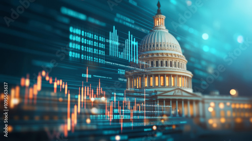 The image features the U.S. Capitol with overlaid financial graphs, symbolizing the intersection of politics and economic markets through digital data visualization.