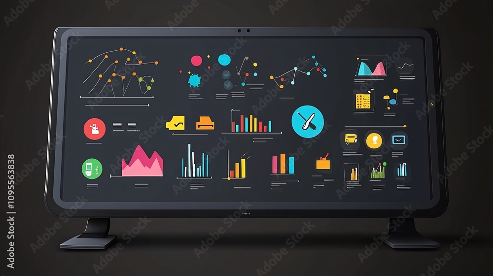 Colorful digital whiteboard filled with a variety of interactive icons and tools for online teaching presentation data visualization and interactive educational experiences Colorful digital whiteboard filled with a variety of interactive icons and tools for online teaching presentation data visualization and interactive educational experiences