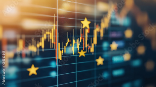 Wallpaper Mural Stock market graph with upward trend, overlaid with stars, indicating financial growth or success in the market. Colorful, dynamic financial data visualization. Torontodigital.ca