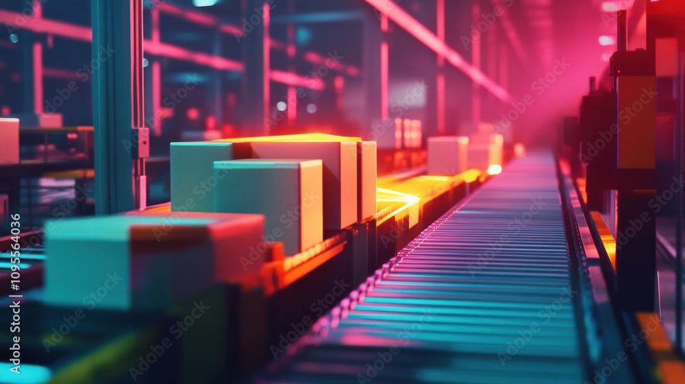 Packaging machine wrapping products on a conveyor belt, warehouse setting, industrial efficiency, vibrant lighting Packaging machine wrapping products on a conveyor belt, warehouse setting, industrial efficiency, vibrant lighting