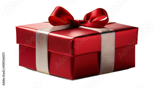 Red gift box with ribbon and bow on transparent or white background