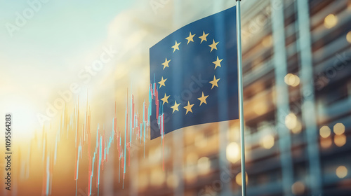 European Union flag waves in the foreground with cityscape and financial graphs, symbolizing economic trends and developments in the EU region.