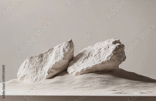 Minimalist 3D Background with White Rocks and Beige Sand for Product Presentation