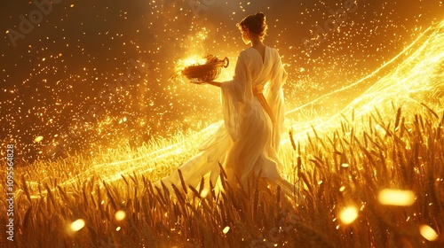 Demeter the Greek Goddess of Agriculture and Harvest standing in a lush golden field of wheat holding a cornucopia and radiating a divine glowing light photo