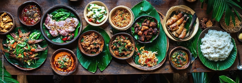 A vibrant spread of traditional Southeast Asian dishes served on banana leaves, featuring grilled meats, rice, vegetables, spicy sambals, and various curries, arranged on a rustic wooden table. A vibrant spread of traditional Southeast Asian dishes served on banana leaves, featuring grilled meats, rice, vegetables, spicy sambals, and various curries, arranged on a rustic wooden table.