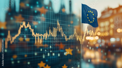 European Union flag with financial graph overlay, symbolizing economic growth and market trends in Europe against a backdrop of city lights and stars.