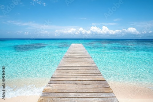 Tropical Island Vacation Relaxation on Sandy Beach with Crystal Clear Ocean and Wooden Pier