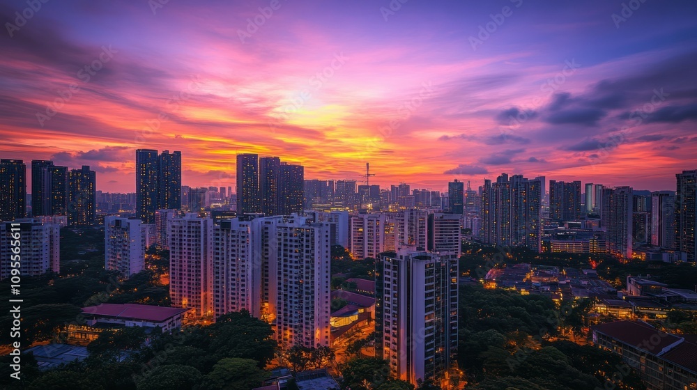 Obraz premium Urban Skyline at Sunset with a Vibrant Pink and Orange Sky