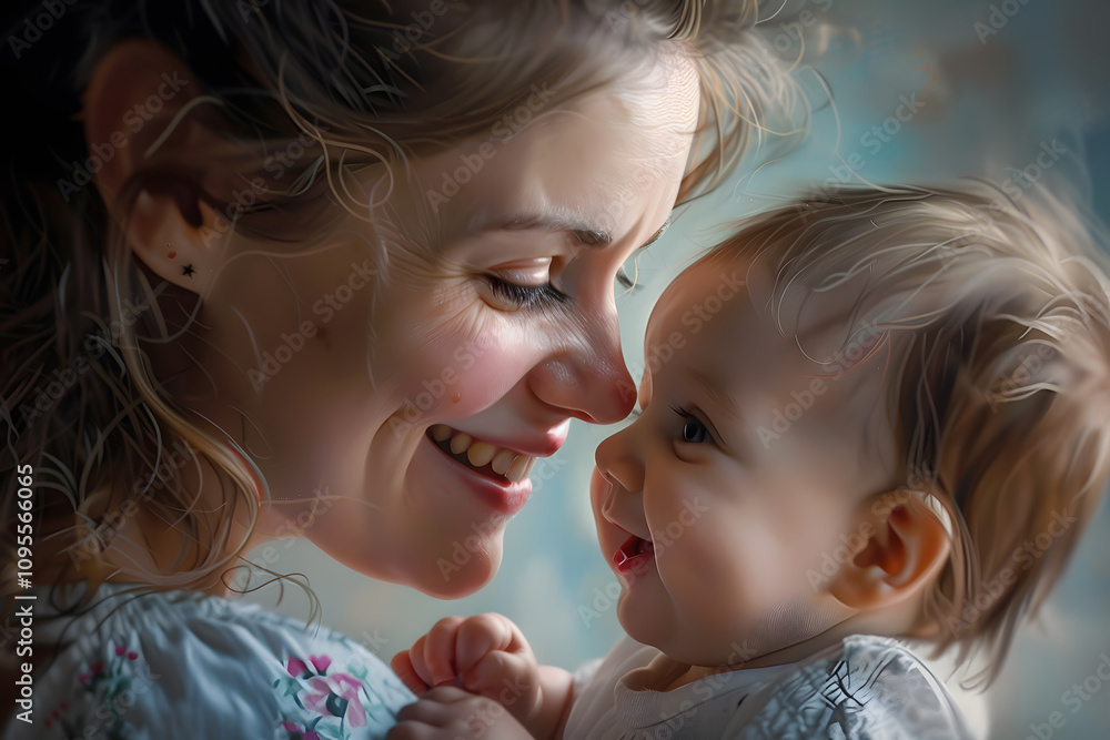 A joyful moment between a Caucasian mother and her baby, sharing smiles in a warm, soft-lit setting. A joyful moment between a Caucasian mother and her baby, sharing smiles in a warm, soft-lit setting.