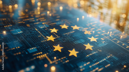 Abstract representation of the European Union as digital stars on a circuit board, symbolizing technology and connectivity across Europe, amid glowing lights.