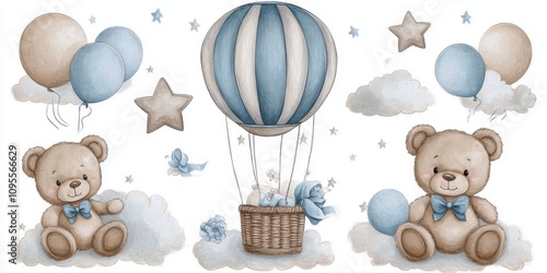 Teddy Bear Baby Shower Invitation Elements Hot Air Balloon Balloons Clouds Stars Cute Art Design