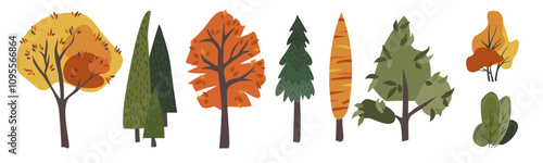 Collection of trees isolated on white background. Botanical collection of bare trees and ones with leaves and lush crowns. Flat vector illustration on white background