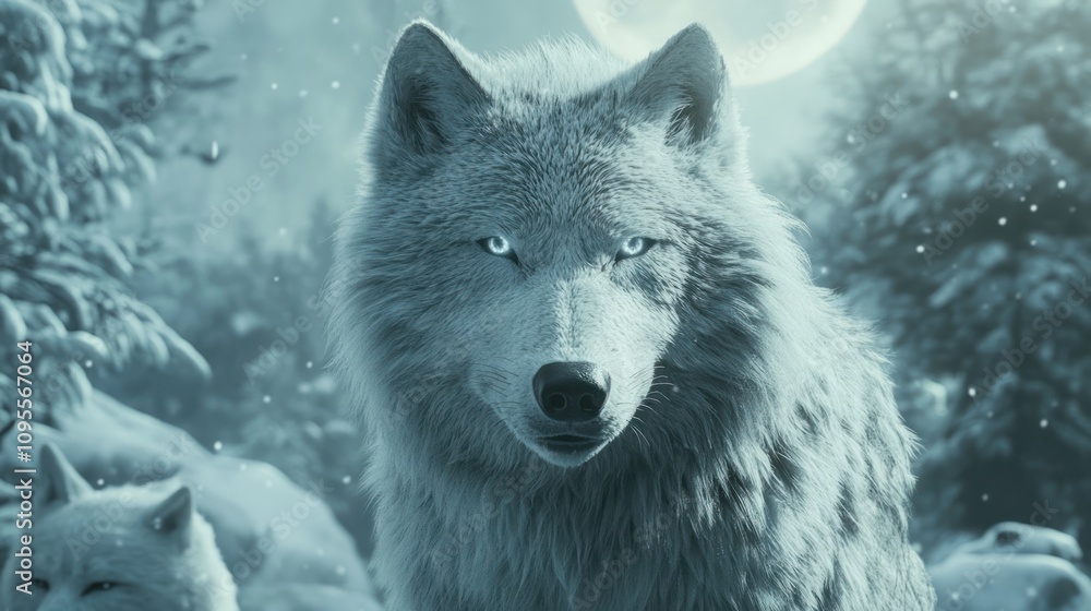 Obraz premium A majestic white wolf stands prominently in a snowy forest under a full moon.