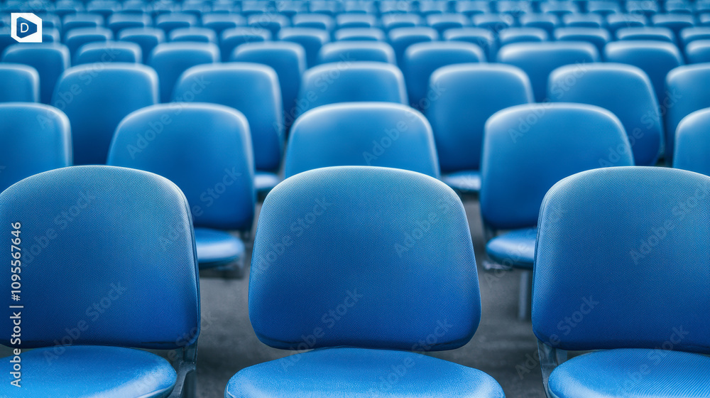 Naklejka premium A large auditorium filled with rows of empty blue chairs, suggesting anticipation for an event or presentation.