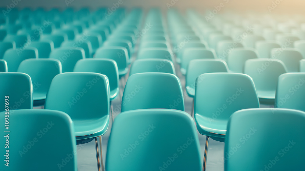 Rows of empty turquoise seats are neatly arranged in a large hall, illuminated by warm sunlight streaming through the windows, creating a serene atmosphere. Rows of empty turquoise seats are neatly arranged in a large hall, illuminated by warm sunlight streaming through the windows, creating a serene atmosphere.