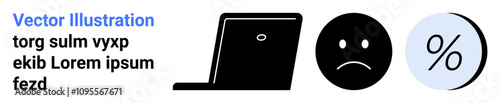 Laptop, sad face, and percentage symbol. Ideal for business reports, financial presentations, economic downturn, stress at work, negative feedback, market analysis, online surveys. Landing page