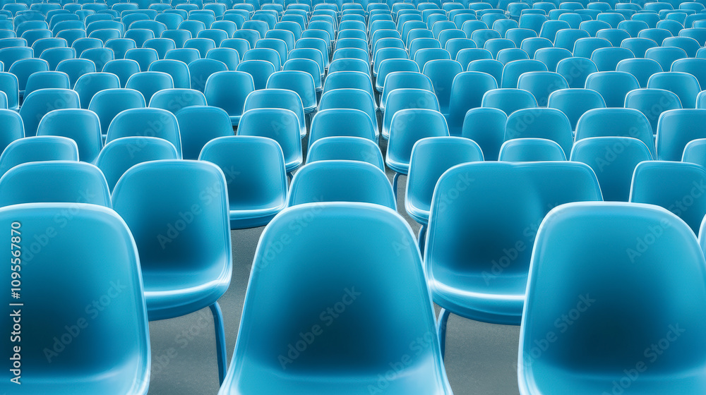 A sea of identical, empty blue chairs arrayed in neat, orderly rows, suggesting anticipation for an upcoming event or gathering in a large venue. A sea of identical, empty blue chairs arrayed in neat, orderly rows, suggesting anticipation for an upcoming event or gathering in a large venue.