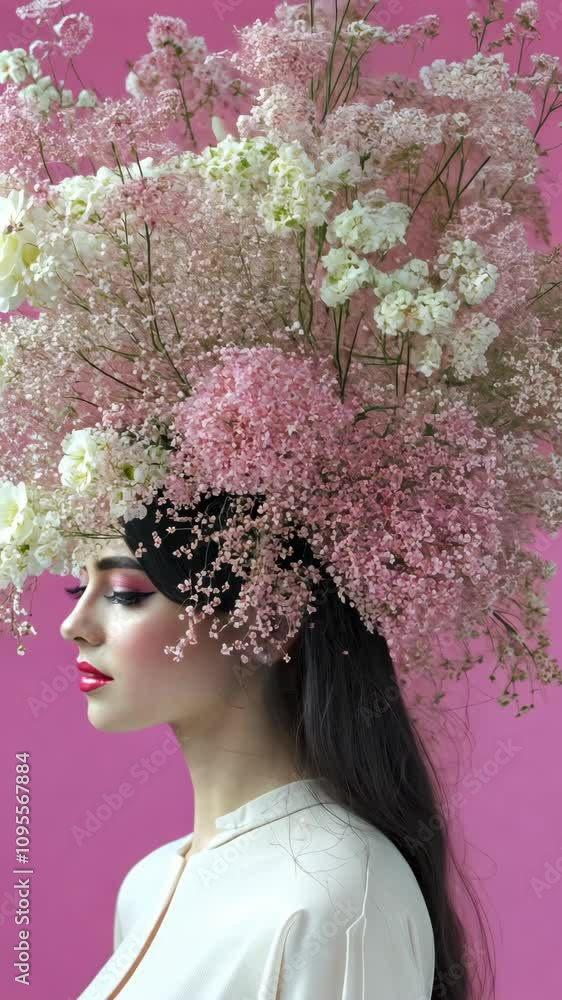 Flower crown hairstyle with pink and white blossoms against a vibrant pink background Flower crown hairstyle with pink and white blossoms against a vibrant pink background