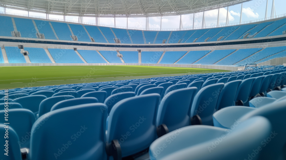 Fototapeta premium An empty sports stadium with rows of blue seats and a lush green field, awaiting the excitement of the upcoming game or event.
