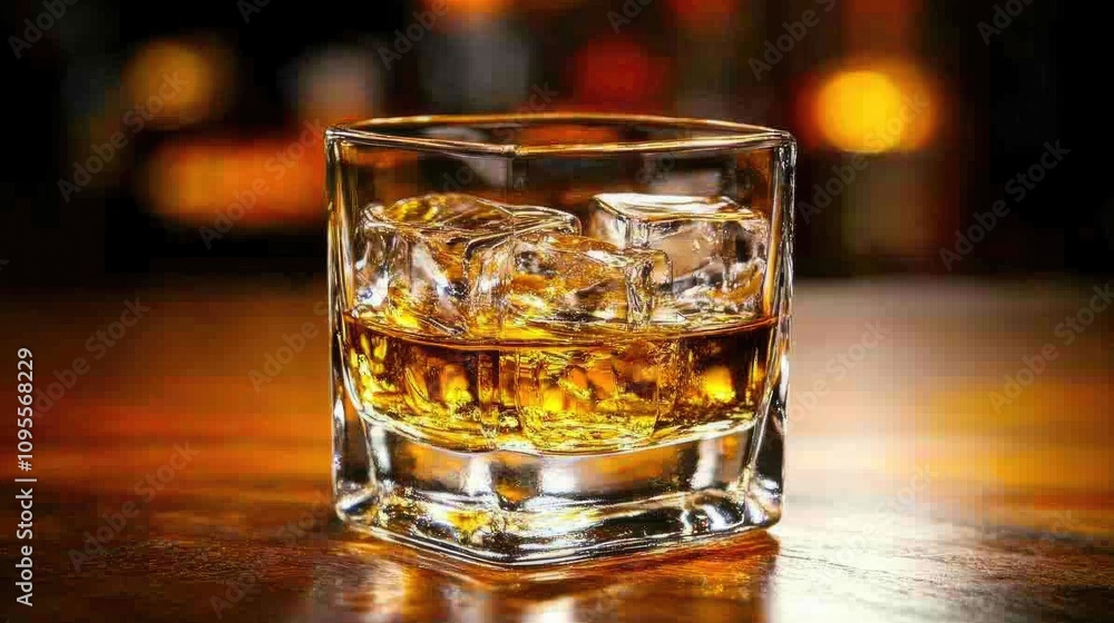 Clear Glass with Whiskey and Ice Cubes on Wooden Table Clear Glass with Whiskey and Ice Cubes on Wooden Table