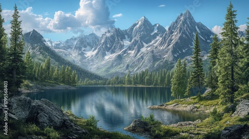 A serene mountain landscape featuring sharp, snow-dusted peaks, a calm reflective lake, and lush green pine trees under a partly cloudy sky.