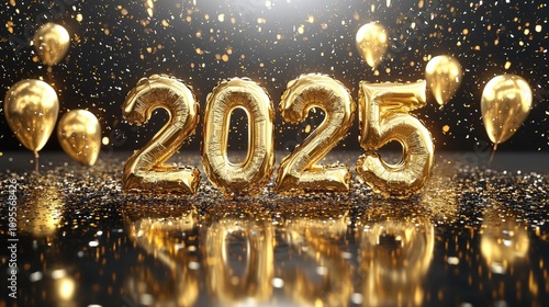 Golden 2025 New Year Celebration with Balloons and Confetti photo