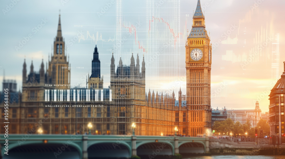Fototapeta premium Big Ben and the Palace of Westminster at sunset, overlaid with digital financial charts, symbolizing a blend of tradition and modern global finance.