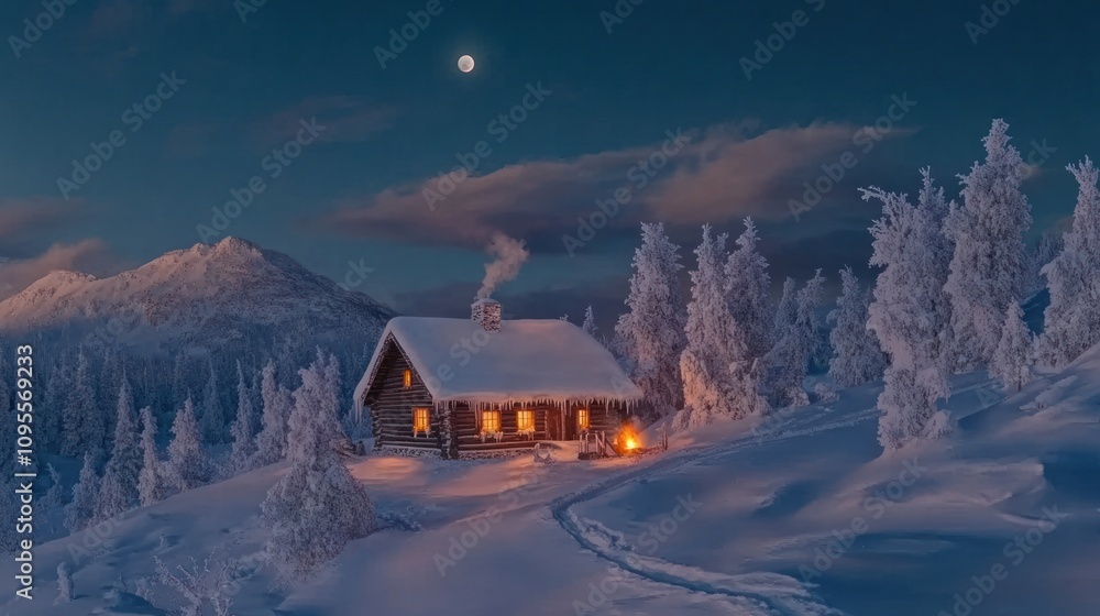 A cozy cabin in a snowy landscape under a moonlit sky, evoking warmth and tranquility. A cozy cabin in a snowy landscape under a moonlit sky, evoking warmth and tranquility.