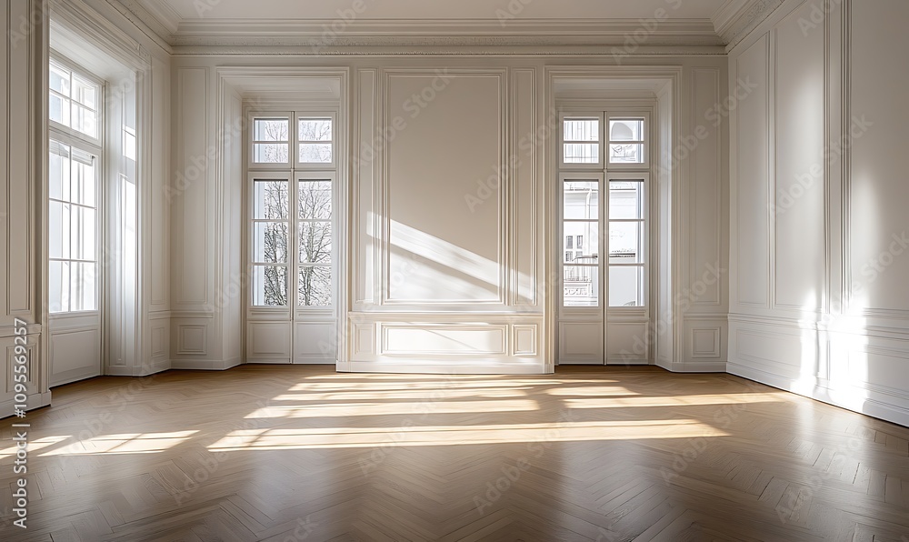 white empty room with shadow window and green plant on white wall luxury background and wooden floor white empty room with shadow window and green plant on white wall luxury background and wooden floor