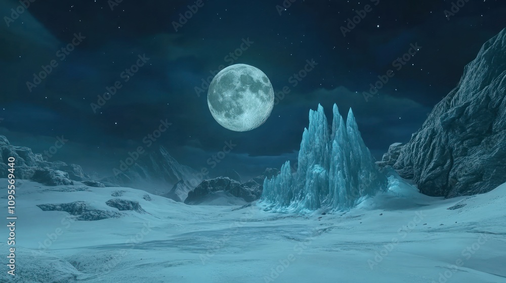 Naklejka premium A serene winter landscape under a bright full moon, featuring icy formations and snow.