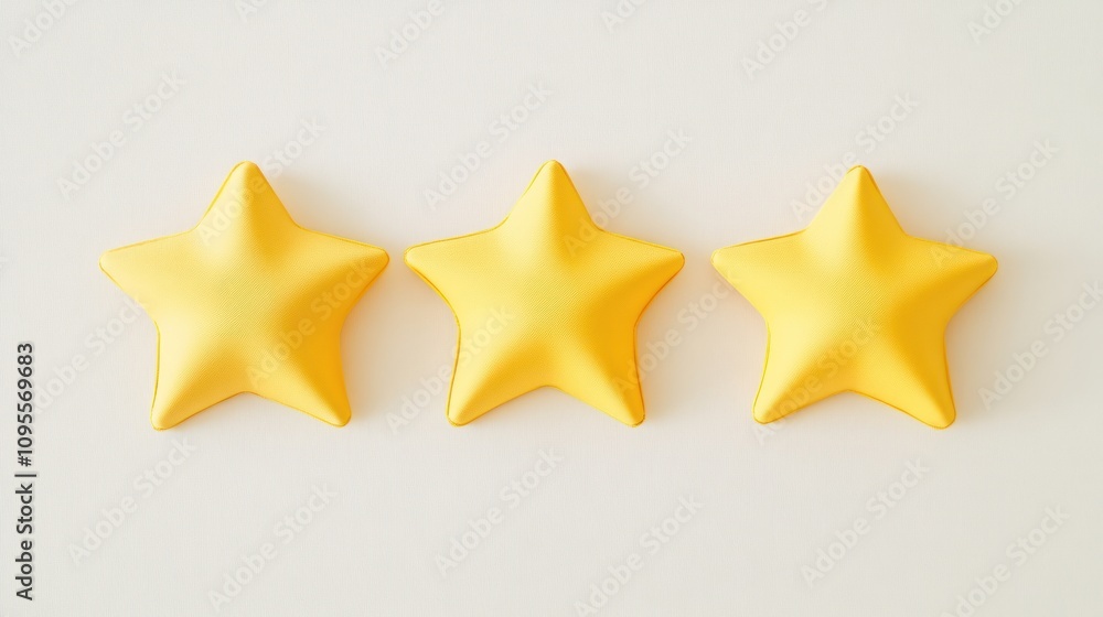 three 3d yellow stars flat lay on white isolated background. three 3d yellow stars flat lay on white isolated background.