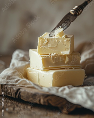 Creamy butter blocks stacked on rustic wooden board, with knife spreader resting on top. Culinary ingredient for cooking and baking. photo